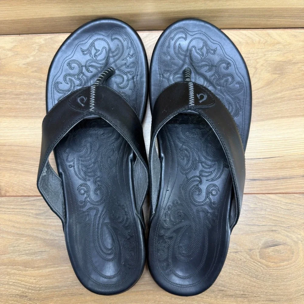 Olukai Mekila Black Leather Flip Flops Mens 14 Travel Everyday Pool Beach Resort
